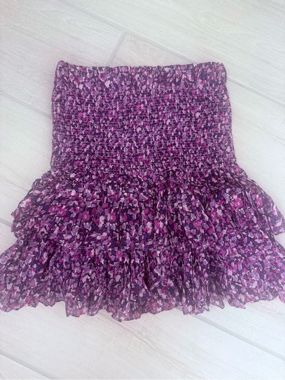 Designer Purple Floral Smocked Ruffle Mini Skirt